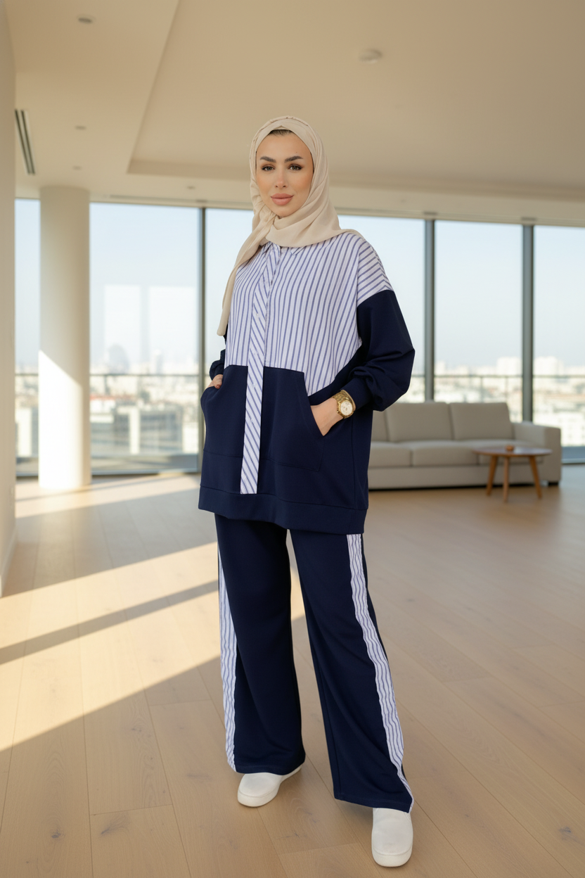 A woman standing in front of a glass window wearing a navy and white striped suit with long sleeves and matching pants, paired with a beige headscarf and white shoes.