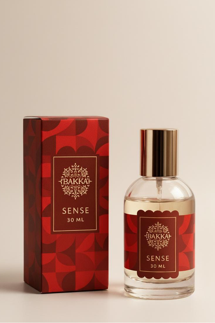 Bakka Sense 30 ML perfume bottle and packaging on a beige background