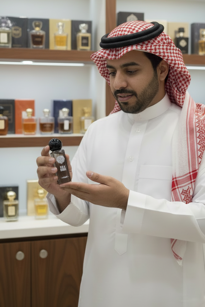 Man in traditional attire holding a perfume bottle in a store with shelves of perfumes.