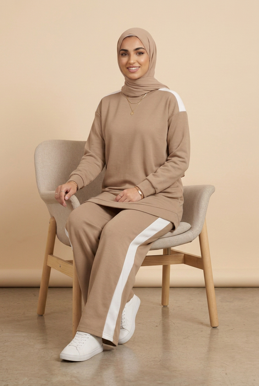 A woman wearing a matching beige hijab, long-sleeve top, and wide-leg pants set with white side stripes, seated on a modern gray chair against a warm beige studio background.