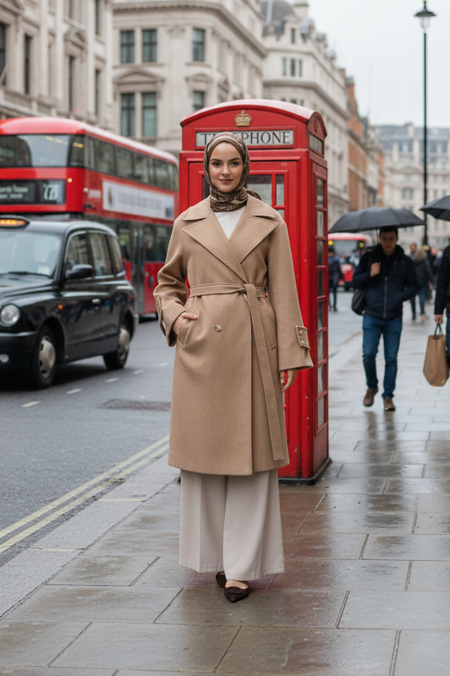 Woman in a beige coat standing on a city street with a red phone booth and double-decker bus in the background.
