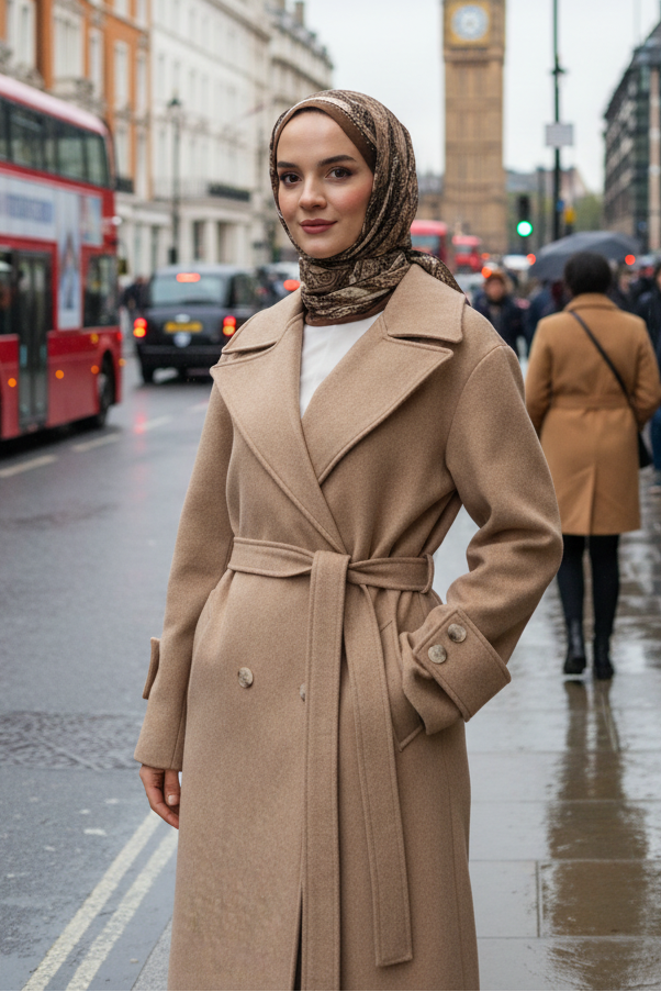 Woman in a beige coat and hijab standing on a city street with Big Ben in the background