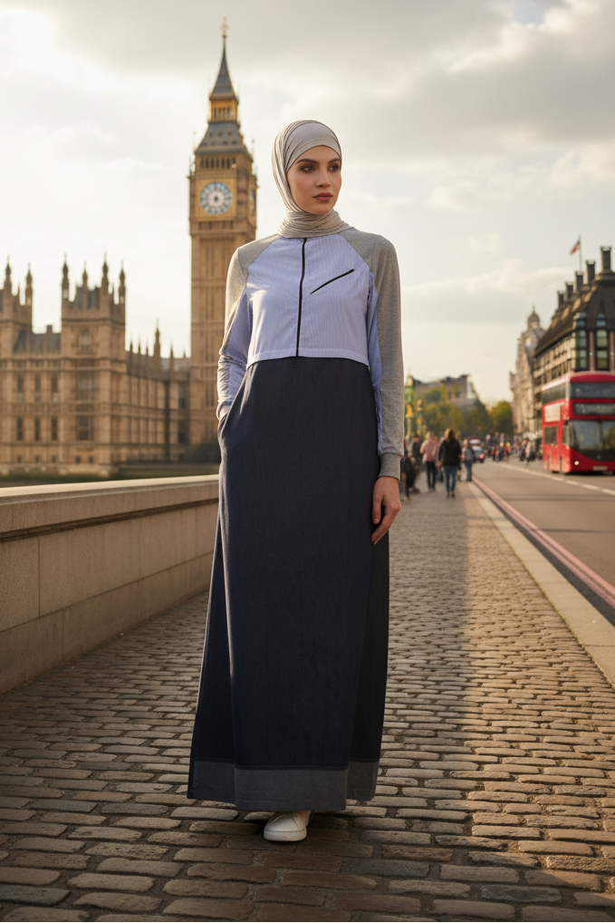 Woman in a hijab and long dress standing in front of Big Ben and the Houses of Parliament in London.