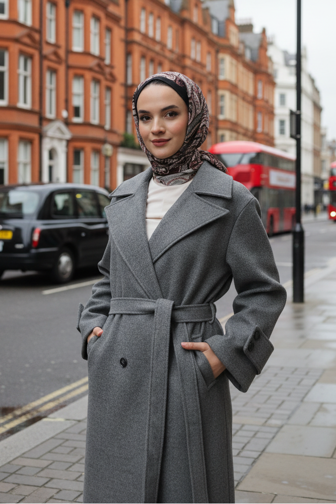 Woman in a gray coat and headscarf standing on a street with red double-decker buses in the background.