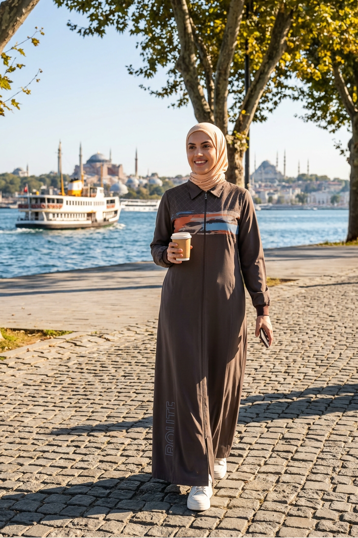 Woman in a long dress standing by a waterfront with trees and a ferry in the background.