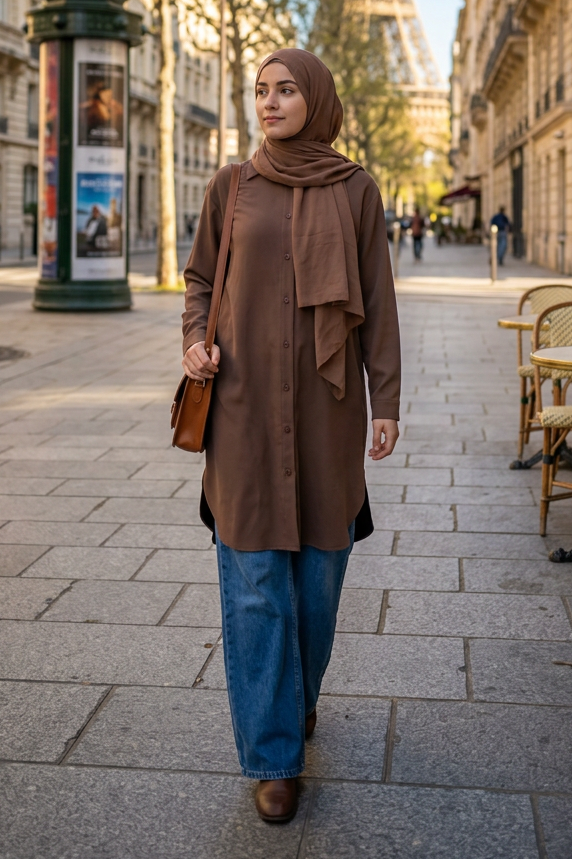 A woman wearing a brown long-sleeve tunic with a draped collar, a matching brown hijab, and blue jeans walking on a city street.