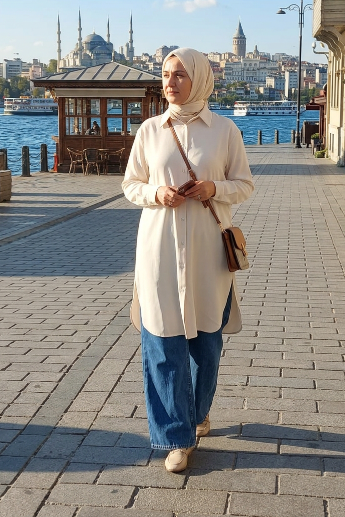A woman wearing a cream-colored long-sleeve tunic and blue wide-leg jeans walks along a stone pathway with a scenic waterfront view of Istanbul in the background.