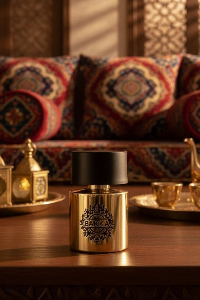 Gold and black bottle with 'BAKKA' branding on a wooden surface